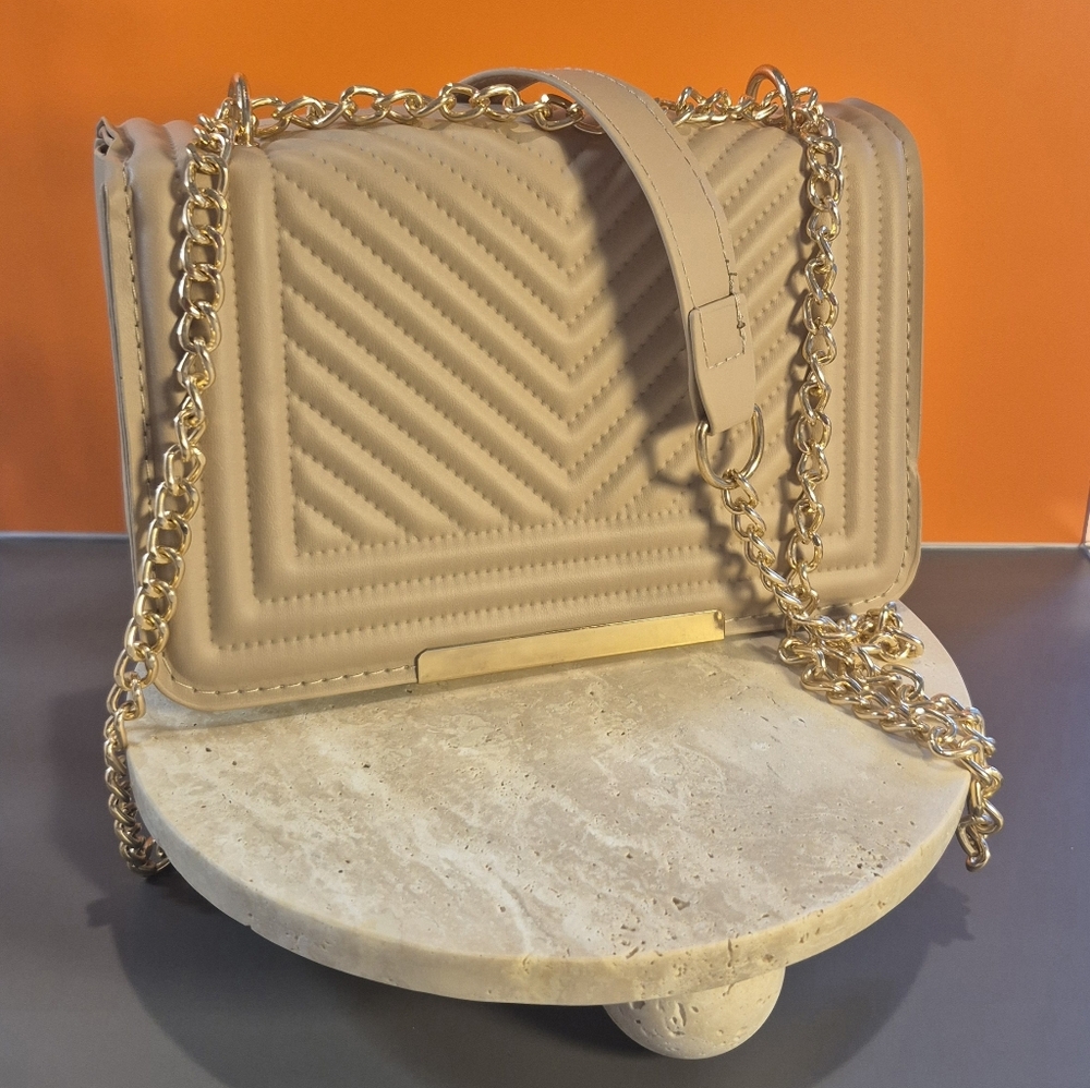 Vegan Leather Tan Chevron Grid Gold Chain Shoulder Bag